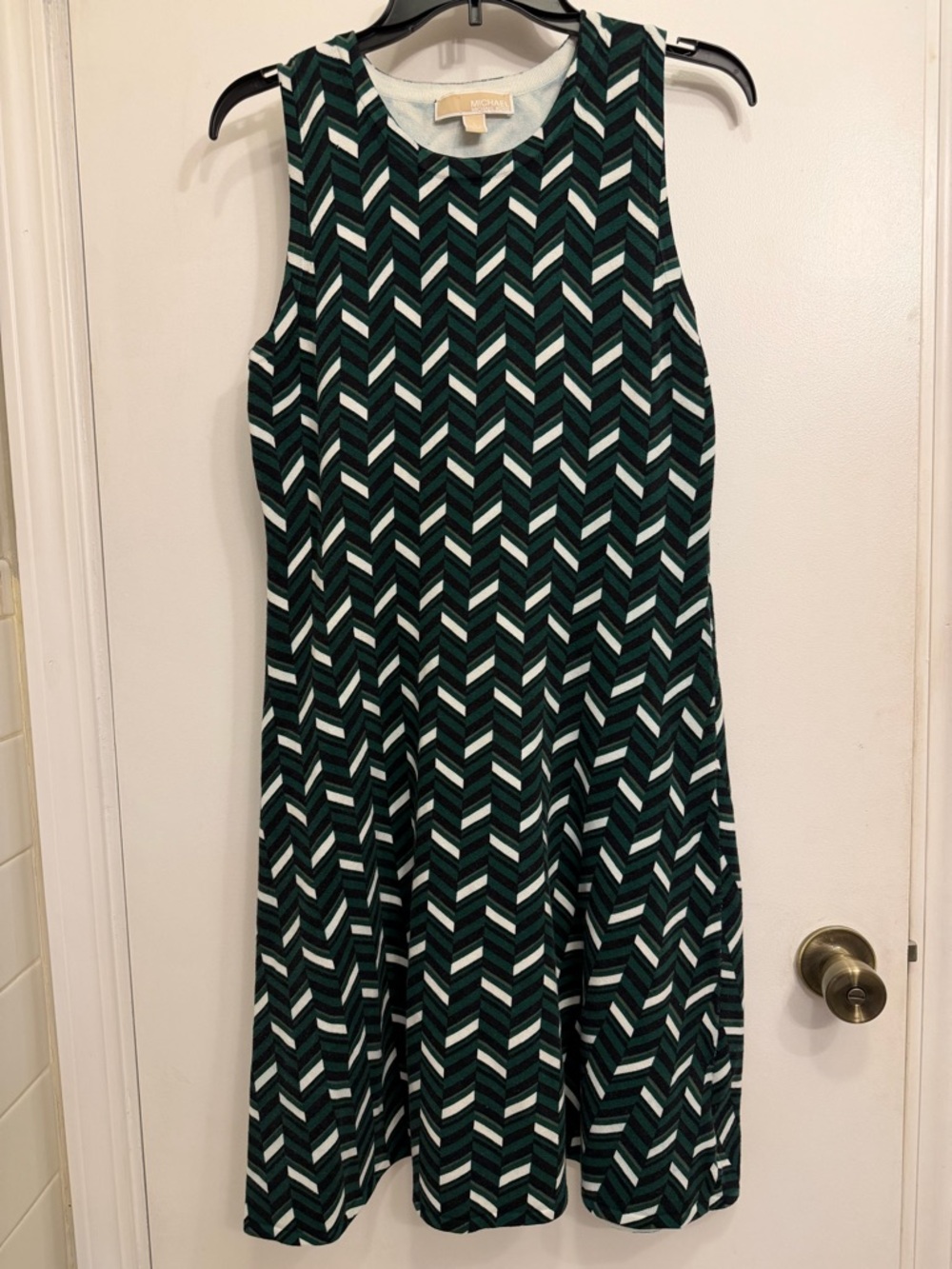 Michael Kors Green and White Chevron Midi Dress